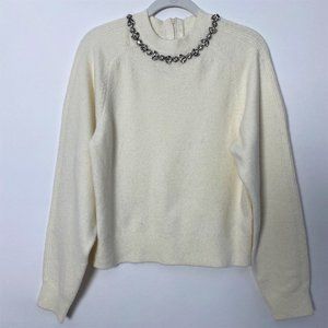 NEW EXPRESS CREAM RHINESTONE EMBELLISHED NECK CREW SWEATER SMALL